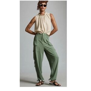 Anthropologie Sage Green Cargo Utility Pants Elastic Waist Size S Relaxed Fit‎